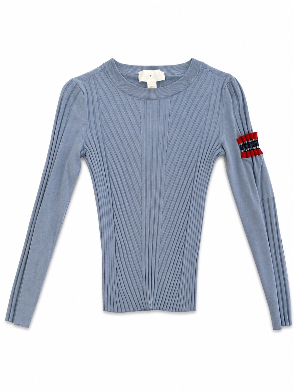 Sportmax Light Blue Ribbed Crewneck Sweater with Red & Navy Arm Stripes